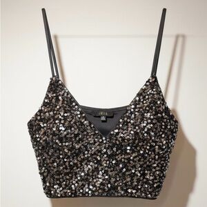 iris Black & Silver Sequin V-Neck Crop Top